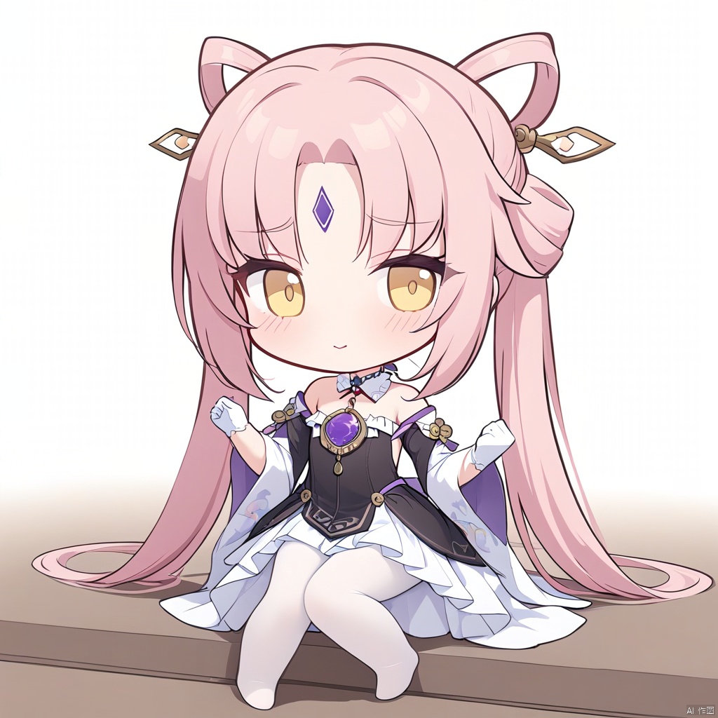  1girl,(masterpiece:1.3),( beautiful:1.2),(high quality:1.2),(finely detailed:1.2),extremely detailed CG unity 8k wallpaper,best quality,a very delicate and beautiful,perfect fingers,(one cute girl at the center:1.2), BASD, chibi,(two-headed body),cute,
long hair, breasts, bangs, hair ornament, dress, white dress, black dress, sleeveless dress, off-shoulder dress, bare shoulders, twintails, yellow eyes, pink hair, pantyhose, small breasts, parted bangs, facial mark, no shoes, white pantyhose, forehead mark, hair rings, jewelry, forehead jewel, detached sleeves, tassel, white frills, gloves, white gloves, detached collar,fuxuanSR