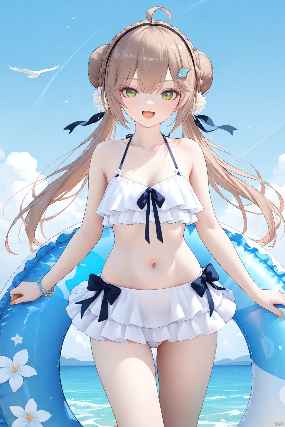  1girl,(masterpiece:1.3),( beautiful:1.2),(high quality:1.2),(finely detailed:1.2),extremely detailed CG unity 8k wallpaper,best quality,a very delicate and beautiful,perfect fingers,(one cute girl at the center:1.2),
green eyes, brown hair, collarbone, long hair, breasts, bangs, hair ornament,twintails, (low twintails), braid, cowboy_shot, qingqueSR, open_mouth, smile,
bow, ribbon, navel, bare shoulders, jewelry,  swimsuit, hair ribbon,  ahoge, hair bow, hairband, frills, hair flower, high heels, bracelet, fingernails, bare arms, bare legs, double bun, black bow, sandals, white footwear, black hairband, white flower, frilled bikini, innertube, white bikini, bikini skirt,