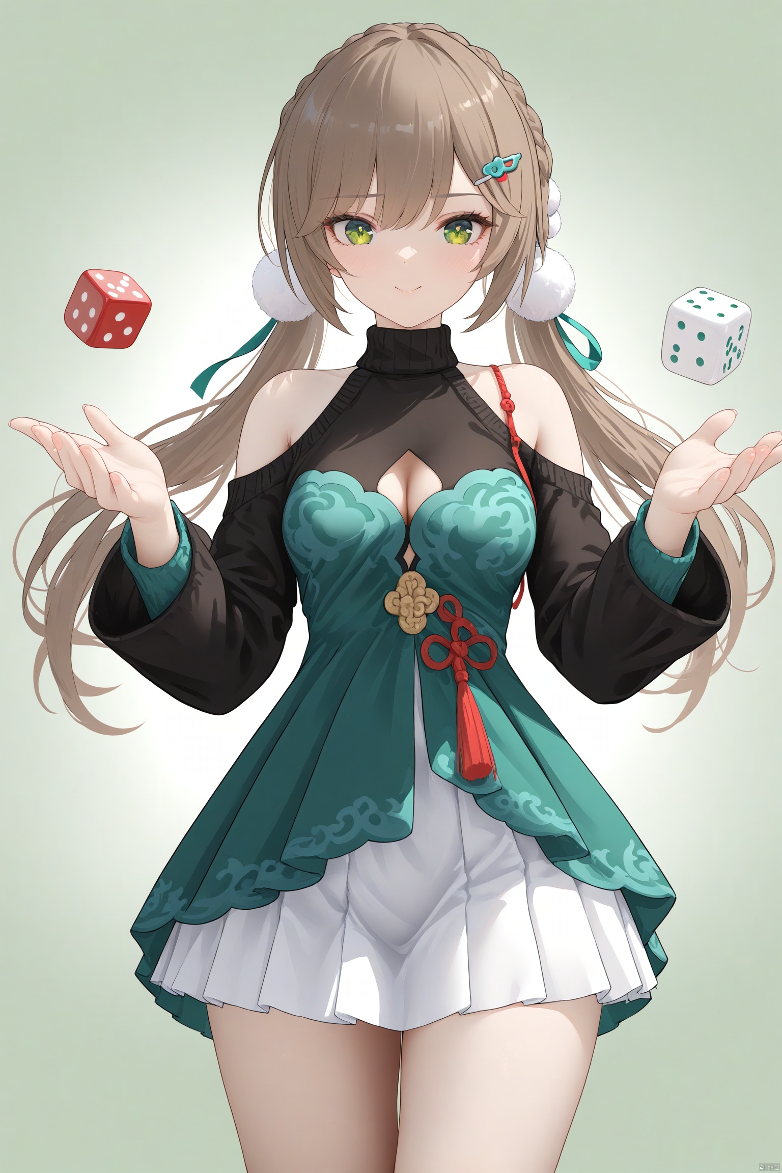  1girl,(masterpiece:1.3),( beautiful:1.2),(high quality:1.2),(finely detailed:1.2),extremely detailed CG unity 8k wallpaper,best quality,a very delicate and beautiful,perfect fingers,(one cute girl at the center:1.2),
green eyes, brown hair, collarbone, long hair, breasts, bangs, skirt, shirt, hair ornament, long sleeves, bare shoulders, twintails, (low twintails), braid, detached sleeves, pleated skirt, cleavage cutout, black shirt, turtleneck, clothing cutout, white skirt, pom pom hair ornament, pom pom \(clothes\), hairclip, hair ribbon, shoulder cutout, black shirt, dress, sweater, tassel, green dress, ribbon, mahjong, mahjong tile, dice,cowboy_shot, qingqueSR