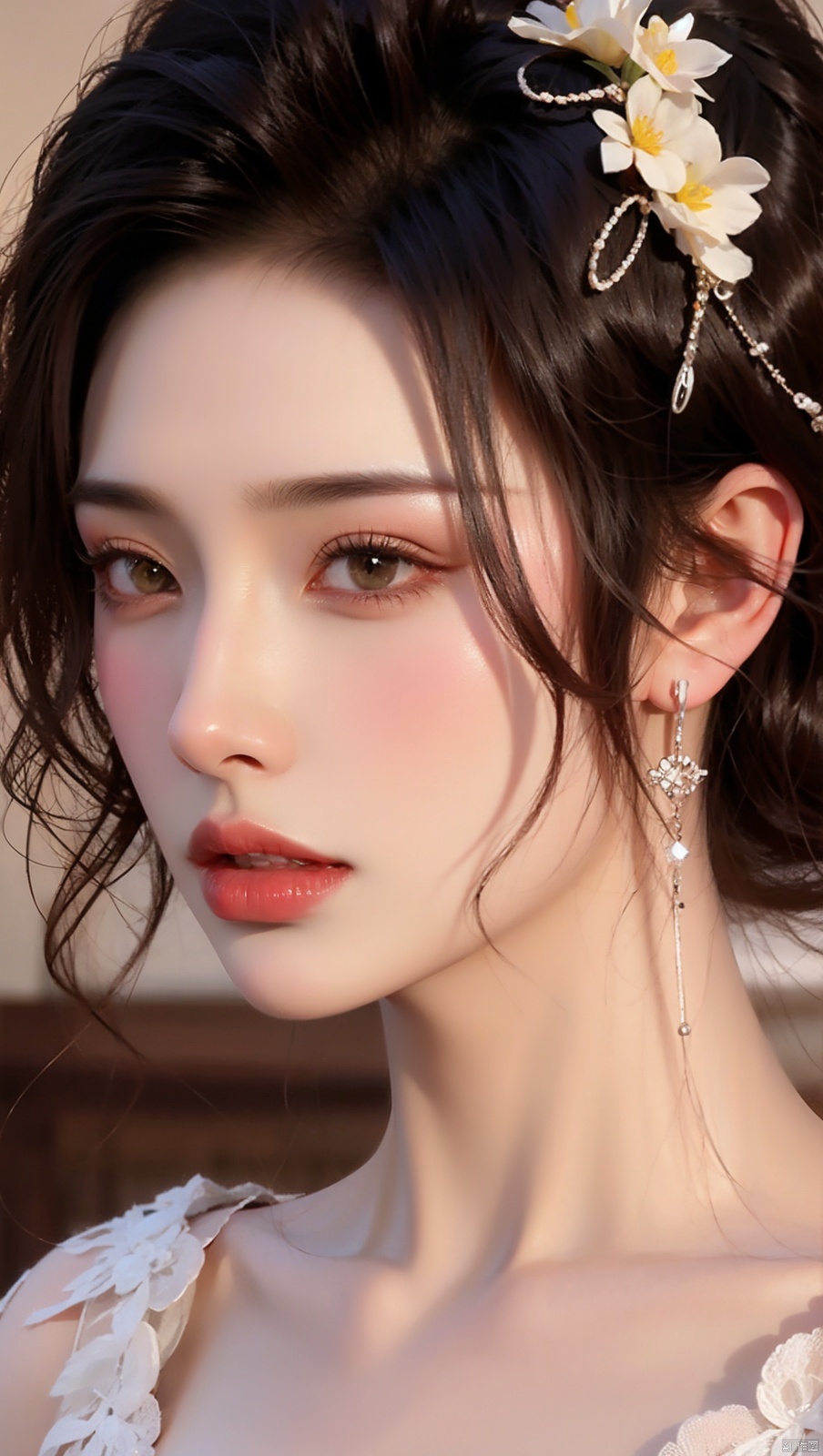  1girl, solo, black hair, short hair, jewelry, realistic, earrings, hair ornament, black eyes, lips, collarbone, parted lips, flower, watermark, upper body, portrait, hair flower, dress, web address, looking awayirt