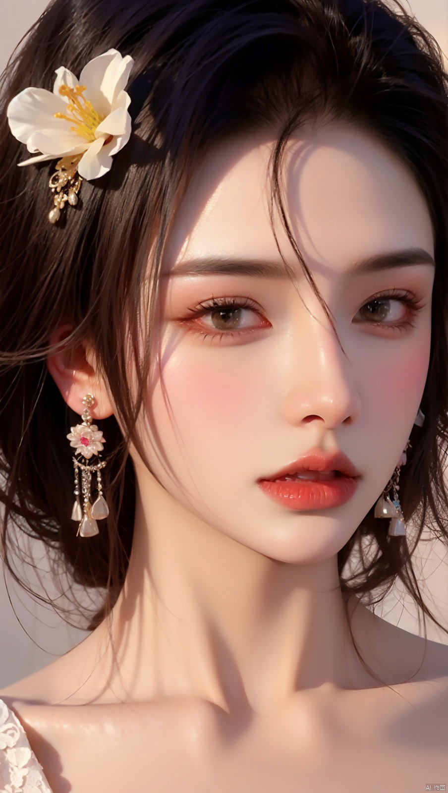  1girl, solo, black hair, short hair, jewelry, realistic, earrings, hair ornament, black eyes, lips, collarbone, parted lips, flower, watermark, upper body, portrait, hair flower, dress, web address, looking awayirt