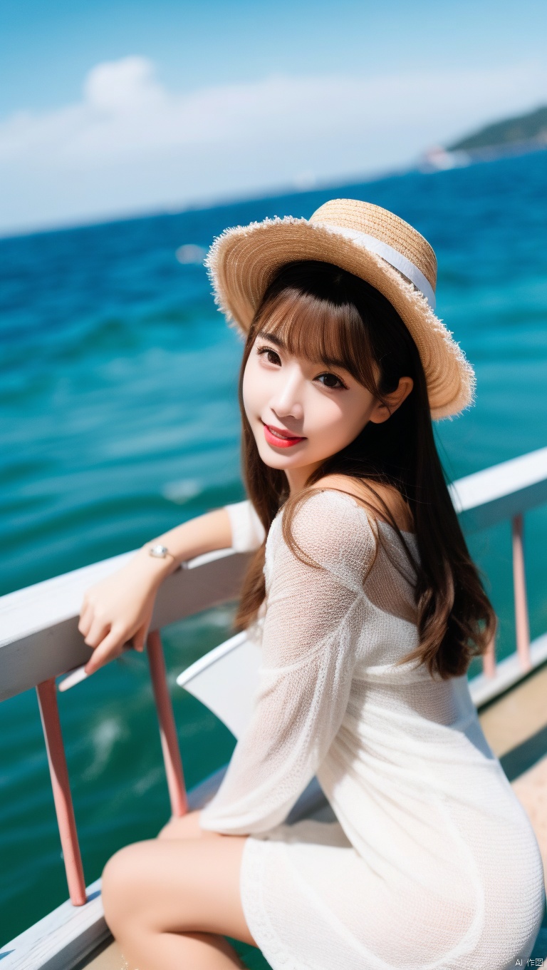  1girl, hat, long hair, solo, outdoors, black hair, dress, white dress, sun hat, looking at viewer, day, black eyes, chair, beach, ocean, blurry, smile, parted lips, dutch angle, straw hat, lipstick, bangs, standing, from side, makeup, water, scenery, sky, teeth, red lips, lips, brown eyes, blurry background, holding, depth of field, sitting, realistic, looking to the side, long sleeves, railing, pale skin, looking back, shore, leaning forward, sundress, breasts, blunt bangs, see-through, brown hair, umbrella