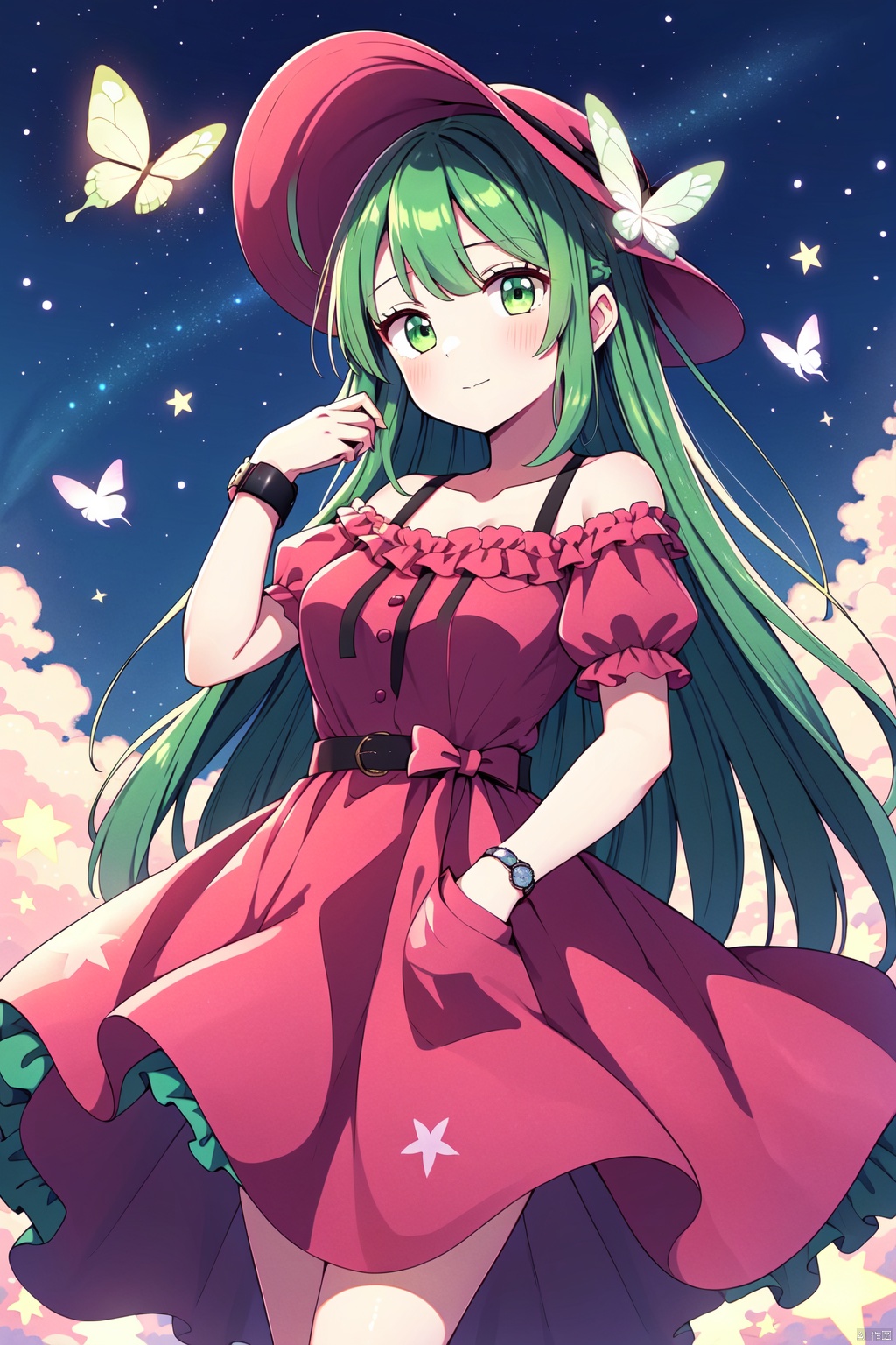  1girl, solo, butterfly, green hair, bug, long hair, kazami yuuka (pc-98), dress, pink dress, hat, pink headwear, short sleeves, green eyes, bow, puffy sleeves, nightcap, puffy short sleeves, flower, pink bow, looking at viewer, frills, star (sky), star (symbol), watch, holding, pocket watch, breasts, very long hair, bangs, sky, off shoulder, off-shoulder dress, frilled dress, starry sky, glowing butterfly, clock, star print, medium breasts, ripples, blush, closed mouth, frilled sleeves, feet out of frame, constellation, mob cap