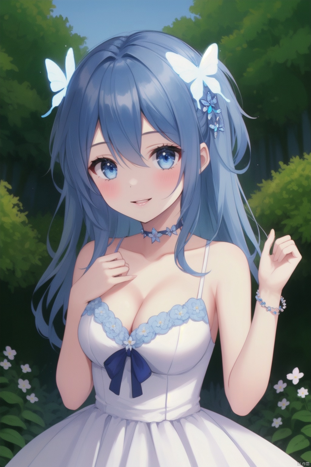  masterpiece,best quality,high quality,(colorful),1girl, solo, blue eyes, hair ornament, blue hair, looking at viewer, long hair, cleavage, breasts, flower, butterfly, dress, bug, hair flower, upper body, butterfly hair ornament, parted lips, blush, bare shoulders, smile, two side up, hands up, collarbone, white dress, choker, ribbon, white flower, outdoors, hair between eyes, bracelet, jewelry, medium breasts