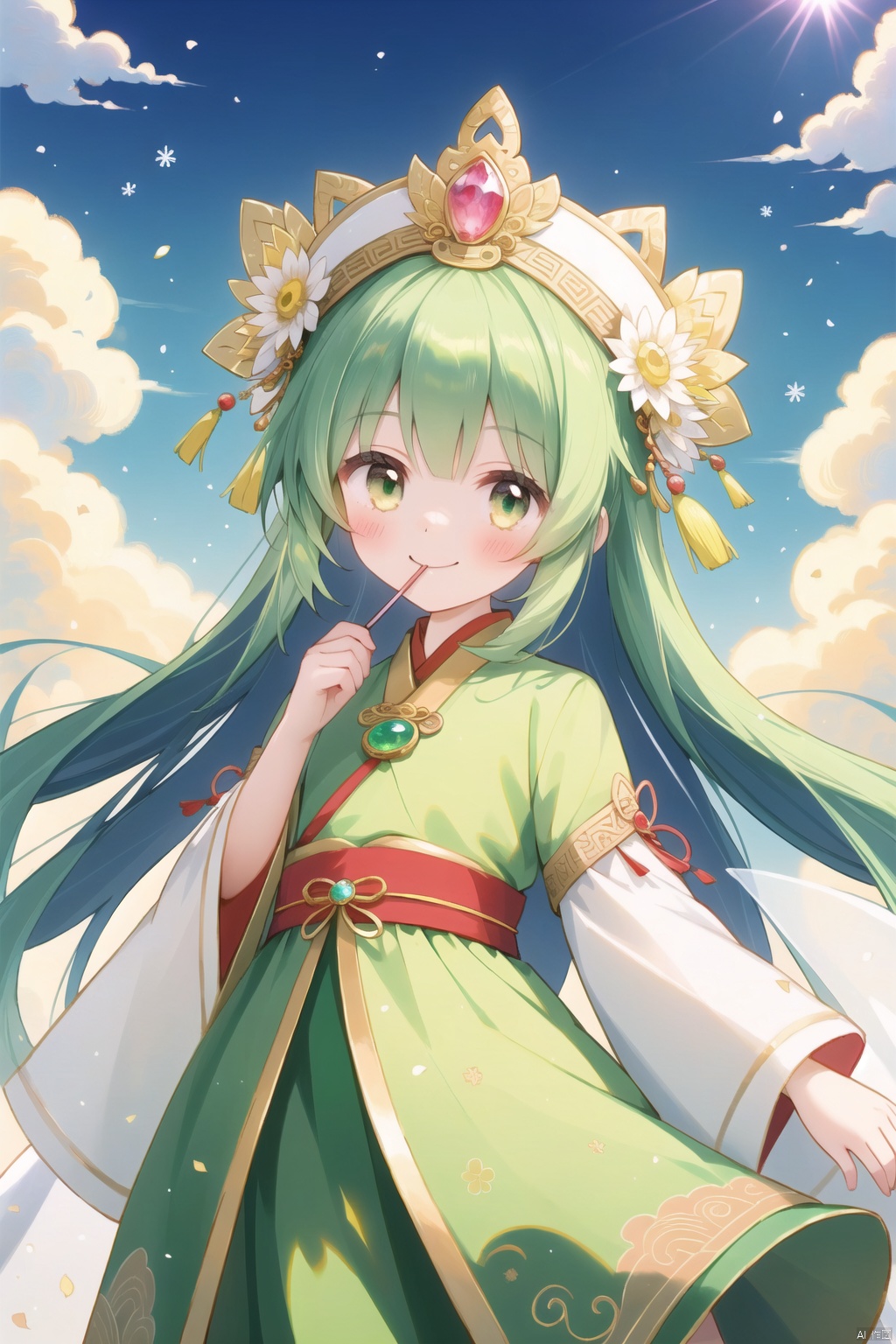  1 Girl, ancient Chinese clothing, riches, a smile, headwear, gems, fairy, satin, streamers, clouds, sunshine, light green background, masterpieces, winter, With a flower in his mouth, TT