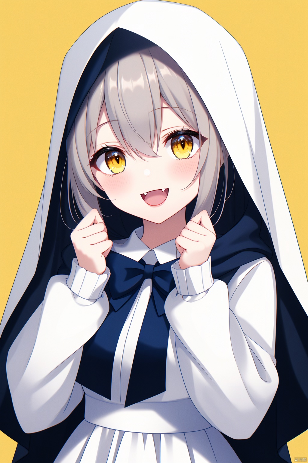  masterpiece,best quality,high quality,(colorful),1girl, solo, looking at viewer, blush, smile, open mouth, bangs, long sleeves, dress, bow, hair between eyes, brown eyes, yellow eyes, upper body, :d, grey hair, frills, fang, white dress, sleeves past wrists, hands up, black bow, blue bow, veil, sleeves past fingers, hood up, best quality, amazing quality, very aesthetic, absurdres
