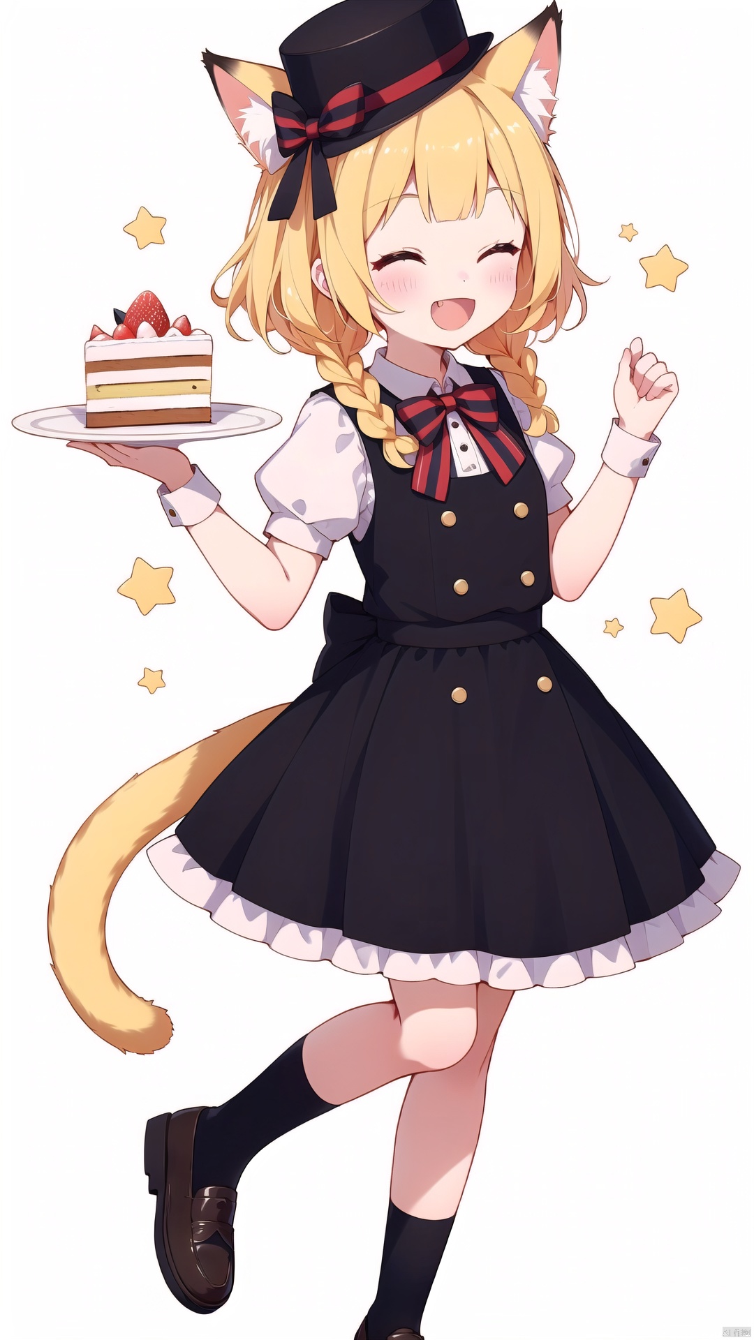  yellow mix cyan, 1girl, animal ears, tail, cat ears, hat, one eye closed, cat tail, blonde hair, open mouth, food, braid, smile, cake, white background, short sleeves, cat girl, bow, solo, skirt, holding, ;d, black legwear, black headwear, plate, shoes, fang, bag, puffy sleeves, wrist cuffs, top hat, blush, long hair, vest, black footwear, mini hat, looking at viewer, puffy short sleeves, shirt, holding plate, animal ear fluff, black skirt, white shirt, standing, standing on one leg, simple background, red bow, star \(symbol\), frills, sparkle, striped, black vest, tilted headwear, striped bow, frilled skirt, socks, bangs, kneehighs, single braid, mini top hat, shoulder bag, red eyes, twin braids, blush stickers, cake slice, leg up, bowtie, loafers, eyebrows visible through hair, tail raised, watch, ribbon