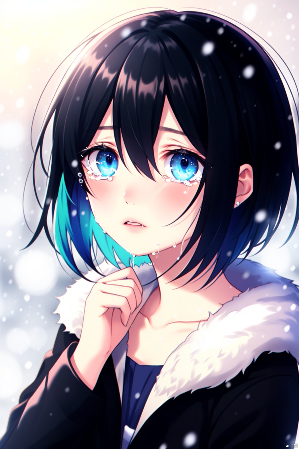  masterpiece,best quality,high quality,(colorful),1girl, solo, blue eyes, looking at viewer, parted lips, hand up, tears, blurry, portrait, hair between eyes, fur trim, blurry background, black hair, short hair, crying, depth of field, long sleeves, jacket, crying with eyes open, collarbone, snowing, breath