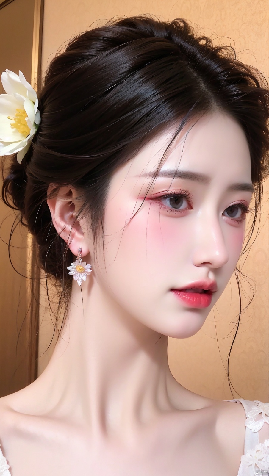  1girl, solo, black hair, short hair, jewelry, realistic, earrings, hair ornament, black eyes, lips, collarbone, parted lips, flower, watermark, upper body, portrait, hair flower, dress, web address, looking awayirt