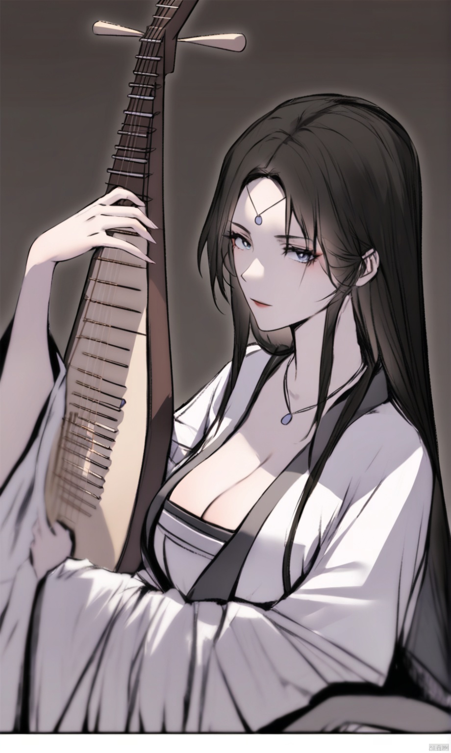  solo,highly detailed,(best quality),((masterpiece)),1girl,black hair,simple_background,long hair,peiyuhan,cleavage,white clothes,hanfu,necklace,see-through,looking_at_viewer,black_background,portrait,Pipa,play the pipa,Play instruments,upper_body,music,

