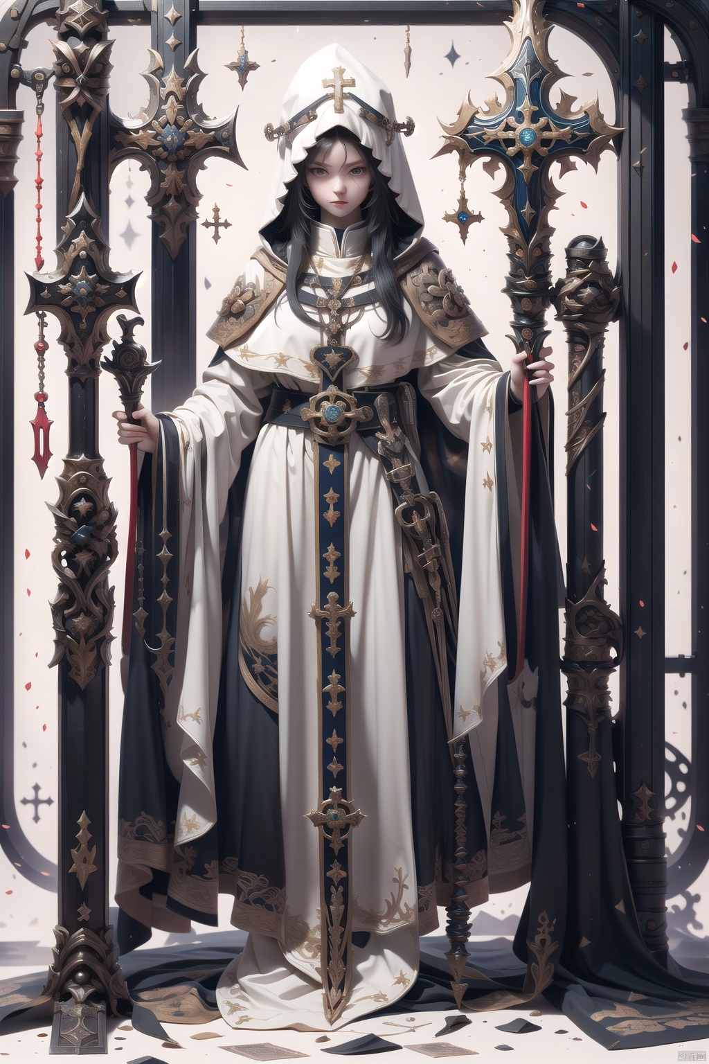 Theme, (Masterpiece), (Best Quality), (Detail), ((Color Splash)),  1 Girl, Solo, long hair,Black Hair,looking at viewer,Brave, persevering, white background,full body, GameWeapon, priest,Middle Ages,staff,big brown eyes,Metal in clothes,Sacred belt,hood, theVatican