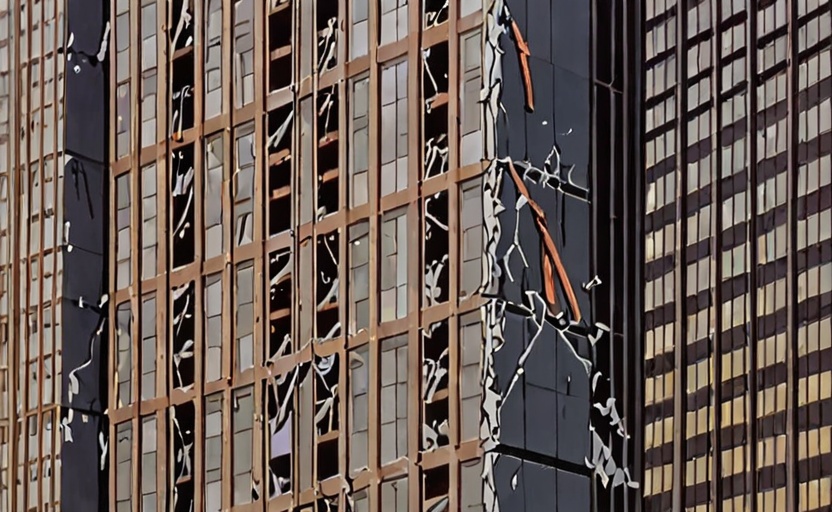 a frame of a animated film of a destroyed skyscraper building,  style akirafilm on Tensor.Art