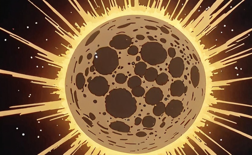 a frame of a animated film of an exploding moon,  style akirafilm on Tensor.Art