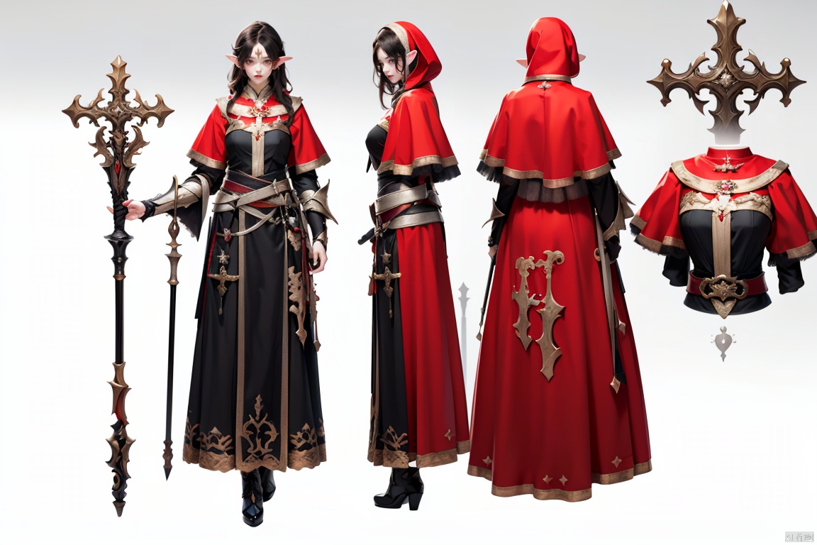  Theme, (Masterpiece), (Best Quality), (Detail), ((Color Splash)), 1 Girl, Solo, red style costume,red dress,long hair,Black Hair,looking at viewer,Brave, persevering, white background,full body, GameWeapon, priest,Middle Ages,staff,big brown eyes,Metal in clothes,Sacred belt,hood, elf knight01,medieval architecture