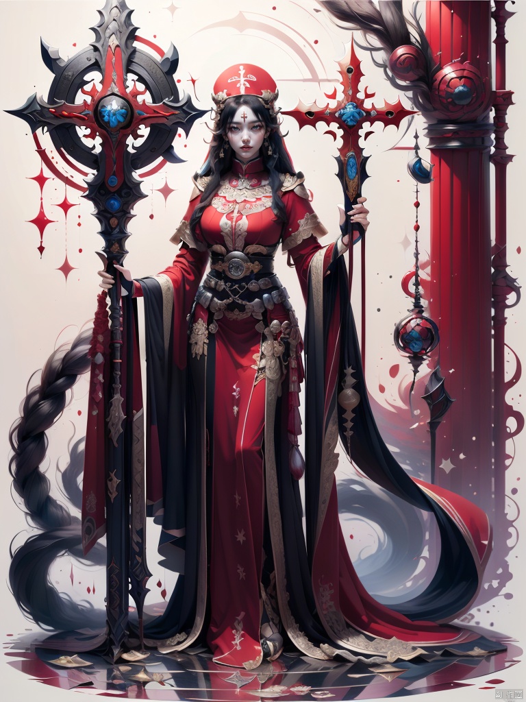  Theme, (Masterpiece), (Best Quality), (Detail), ((Color Splash)), 1 Girl, Solo, red style costume,red dress,long hair,Black Hair,looking at viewer,Brave, persevering, white background,full body, priest,Middle Ages,staff,big brown eyes,Metal in clothes,Sacred belt,hood, (\shen ming shao nv\)