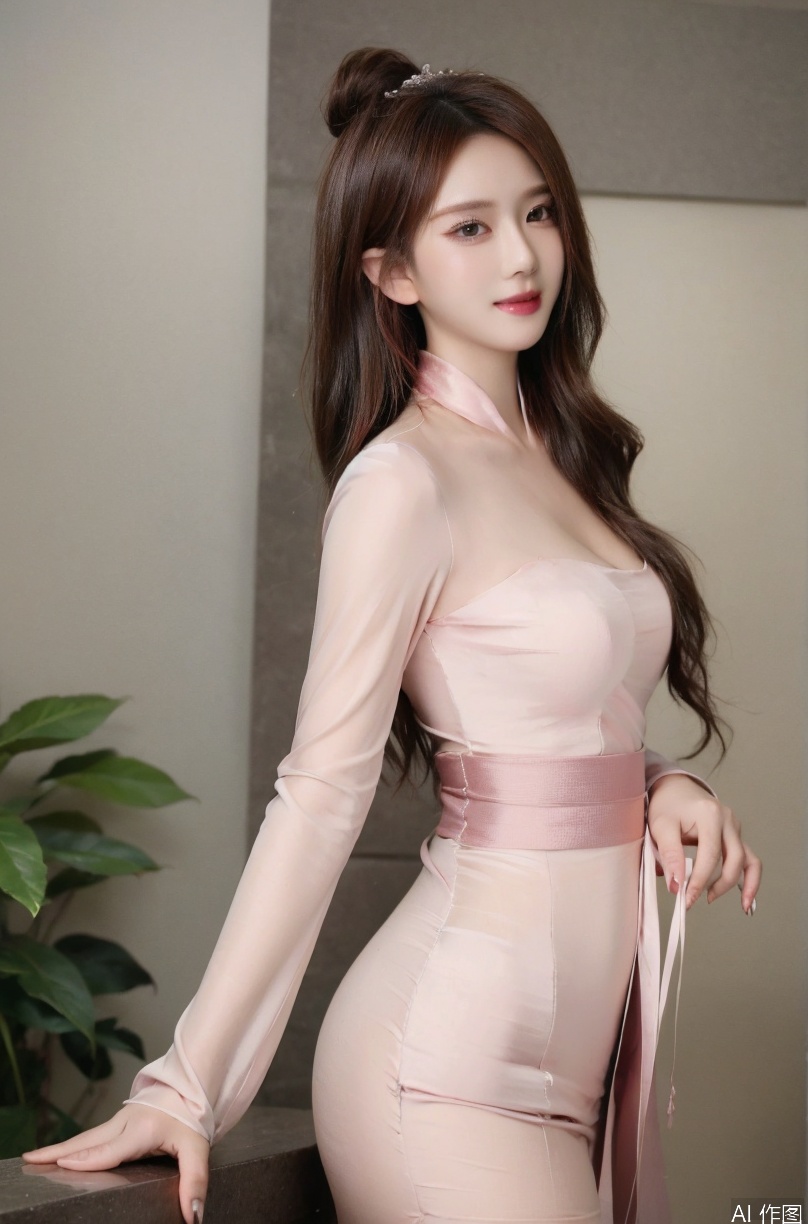 1girl, solo, long hair, looking at viewer, smile, blue eyes, black hair, hair ornament, long sleeves, standing, flower, wide sleeves, hair bun, sash, chinese clothes, single hair bun, tassel, shawl, robe, branch, hair stick, hair pulled back, hanfu