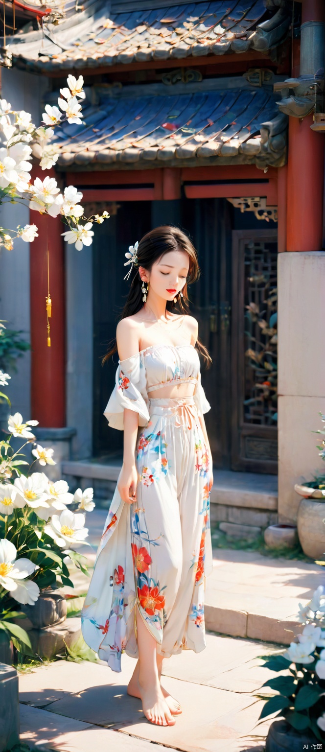 hzy, 1girl, solo, brunette, dress, off-shoulder,  standing, full body, eyes closed, earrings, barefoot, pants, Chinese clothing. photography,  flowers shadow,illustration.,photo, Anime style