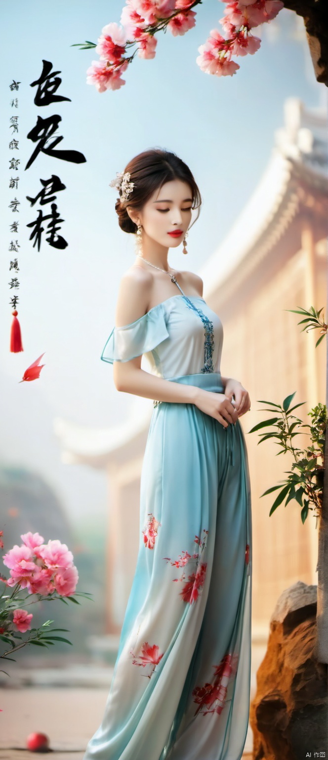  , hzy, seal, text, bamboo, ink background, hzy, 1girl, solo, brunette, dress, off-shoulder, jewelry, standing, full body, eyes closed, earrings, barefoot, pants, Chinese clothing. photography, jijianchahua, flowers shadow