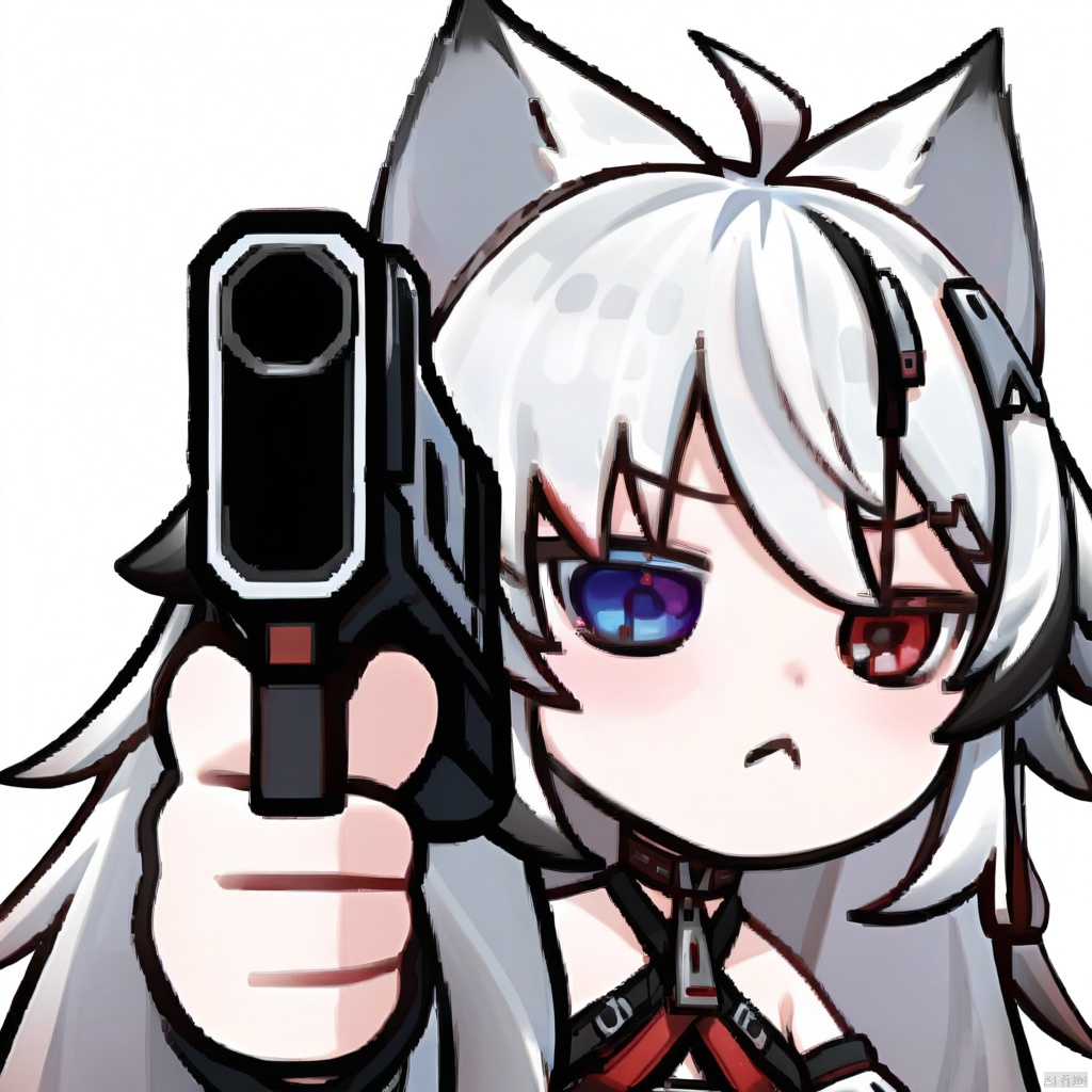  masterpiece, best quality, ,chibi,1girl, multicolored hair, animal ears, heterochromia, blue eyes, red eyes, white hair,long hair, streaked hair,black hair,:<,holding handgun,simple background, white background, squinting, aiming,