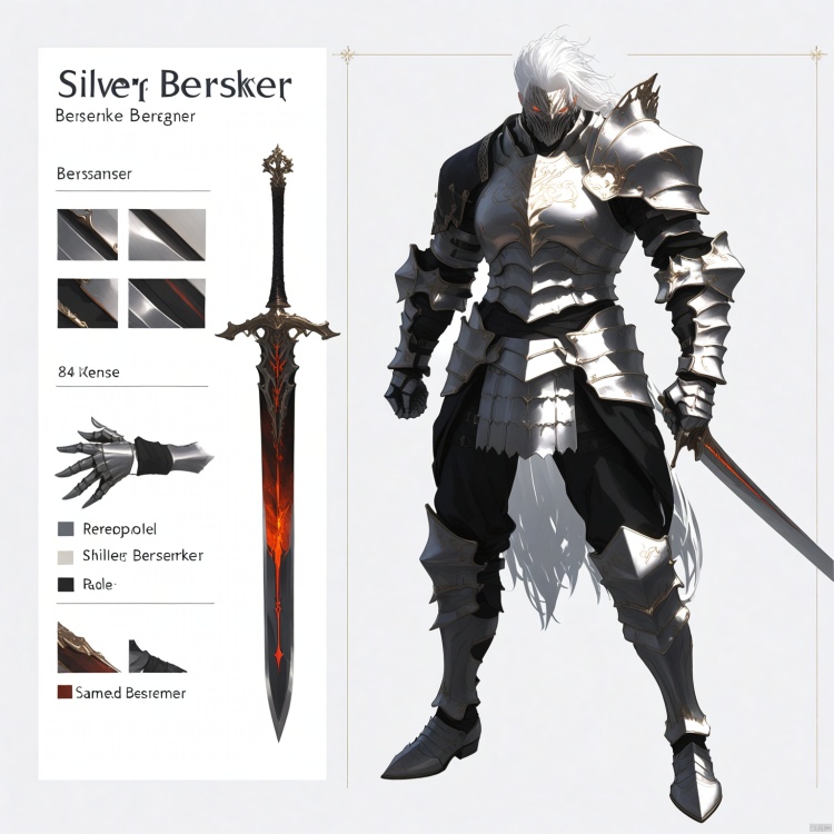 Armored Berserker, with silver European style relief and Gothic patterned armor, imposing, wielding weapons, wielding a long sword, flowing white hair, light and shadow, 8k, high-precision details, silver gray gold armor, shining eyes, wilderness background, chest armor details, shoulder armor details, clear contours, sparkling armor texture, full body armor, wrist guards, intricate details, correct hand structure, clear hand structure, detailed node diagram, reference chart, Role concept,Role Focus