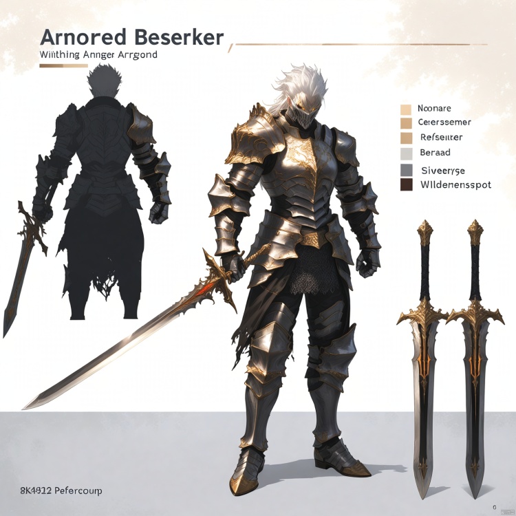 Armored Berserker, with silver European style relief and Gothic patterned armor, imposing, wielding weapons, wielding a long sword, flowing white hair, light and shadow, 8k, high-precision details, silver gray gold armor, shining eyes, wilderness background, chest armor details, shoulder armor details, clear contours, sparkling armor texture, full body armor, wrist guards, intricate details, correct hand structure, clear hand structure, detailed node diagram, reference chart, Role concept,Role Focus