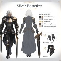 Armored Berserker, with silver European style relief and Gothic patterned armor, imposing, wielding weapons, wielding a long sword, flowing white hair, light and shadow, 8k, high-precision details, silver gray gold armor, shining eyes, wilderness background, chest armor details, shoulder armor details, clear contours, sparkling armor texture, full body armor, wrist guards, intricate details, correct hand structure, clear hand structure, detailed node diagram, reference chart, Role concept,Role Focus