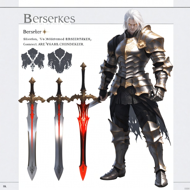 Armored Berserker, with silver European style relief and Gothic patterned armor, imposing, wielding weapons, wielding a long sword, flowing white hair, light and shadow, 8k, high-precision details, silver gray gold armor, shining eyes, wilderness background, chest armor details, shoulder armor details, clear contours, sparkling armor texture, full body armor, wrist guards, intricate details, correct hand structure, clear hand structure, detailed node diagram, reference chart, Role concept,Role Focus