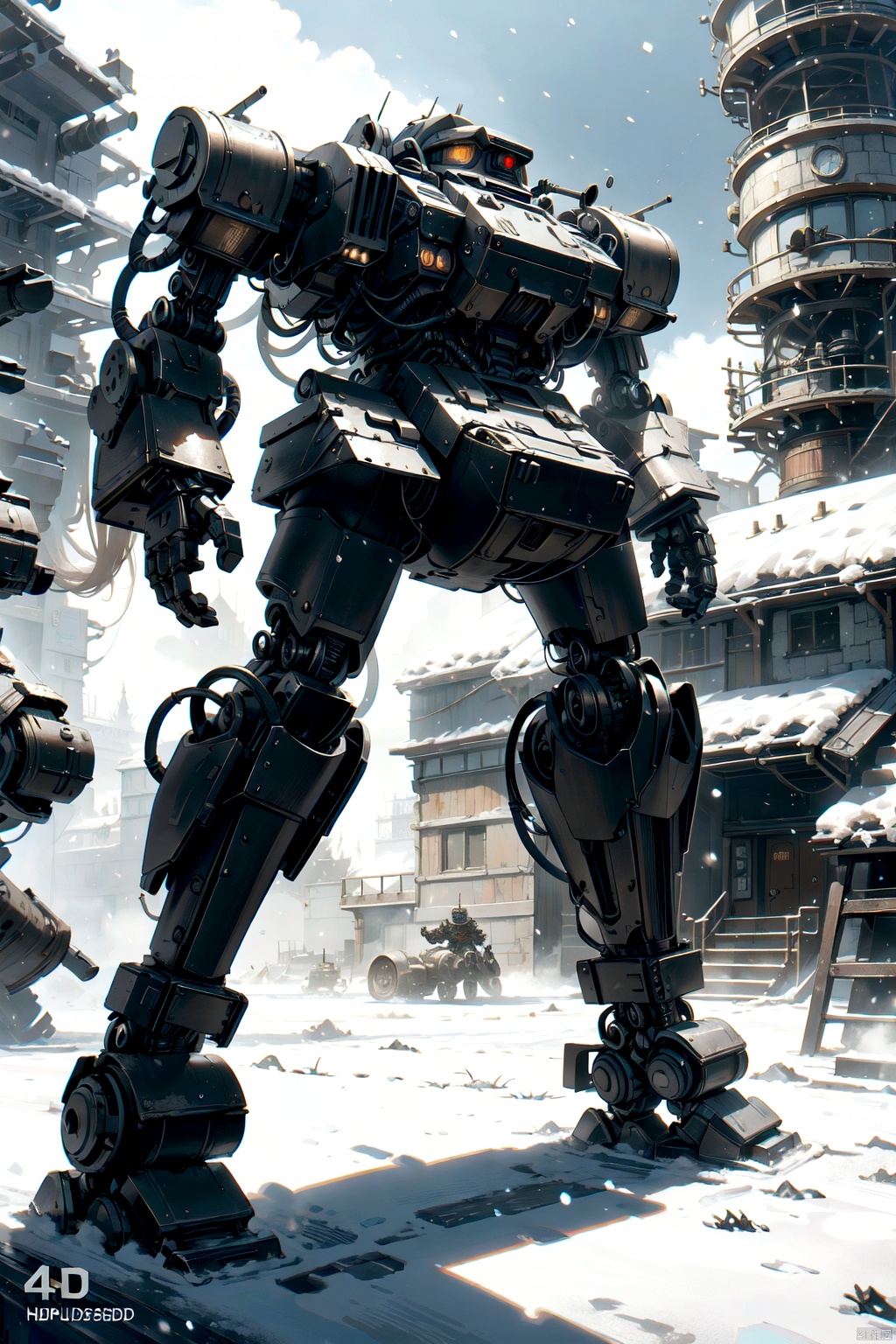  best quality,4k,8k,highres,masterpiece,ultra-detailed,realistic,photorealistic,photo-realistic,HDR,UHD,studio lighting,building,cable,dieselpunk,fewer digits,head tilt,looking down,mecha,robot,russian text,science fiction,shadow,smoke,snow,snowing,soldier
