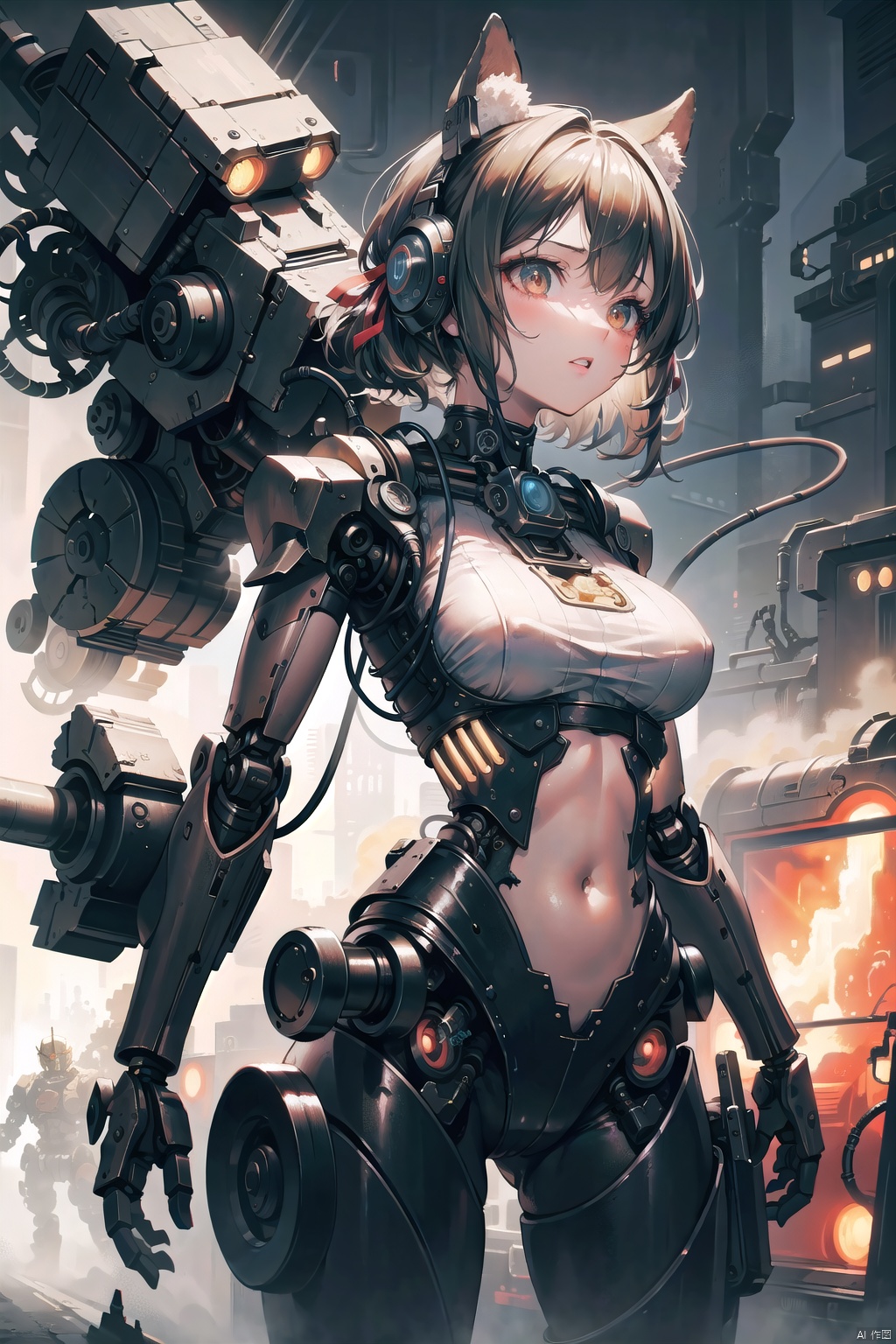  best quality,4k,8k,highres,masterpiece,ultra-detailed,realistic,photorealistic,photo-realistic,HDR,UHD,studio lighting,1girl,asymmetrical hair,cable,damaged,hair ribbon,mecha,mecha musume,mechanical parts,ribbon,robot,robot ears,solo,steampunk,tube,
