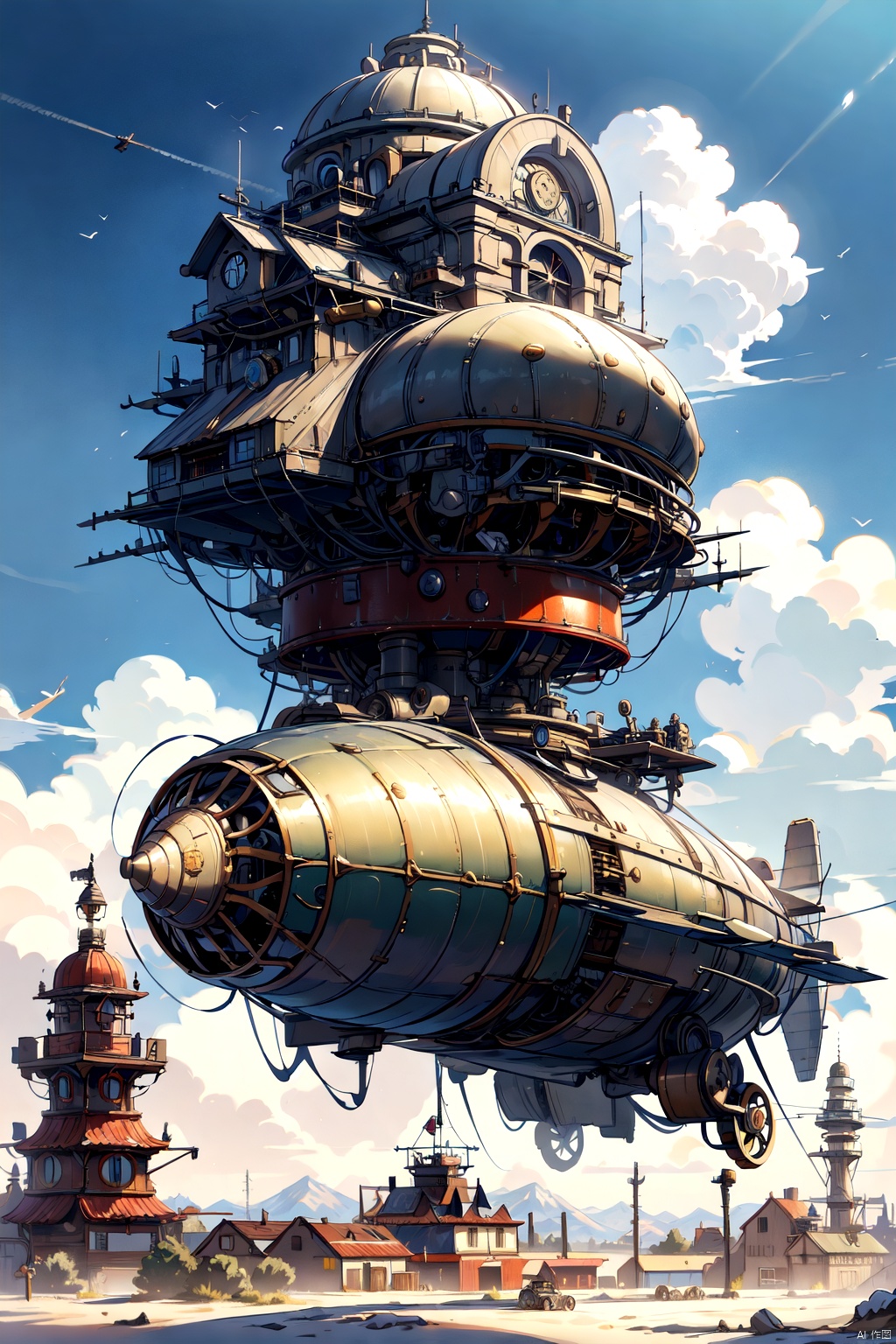  best quality,4k,8k,highres,masterpiece,ultra-detailed,realistic,photorealistic,photo-realistic,HDR,UHD,studio lighting,aircraft,airship,alien,blue sky,building,cloud,day,desert,dirigible,dutch angle,energy,extra arms,factory,fantasy,flying,hologram,machinery,magic,magic circle,mecha,mountain,multiple aircraft,no humans,outdoors,realistic,robot,science fiction,sky,spire,steampunk,tower,
