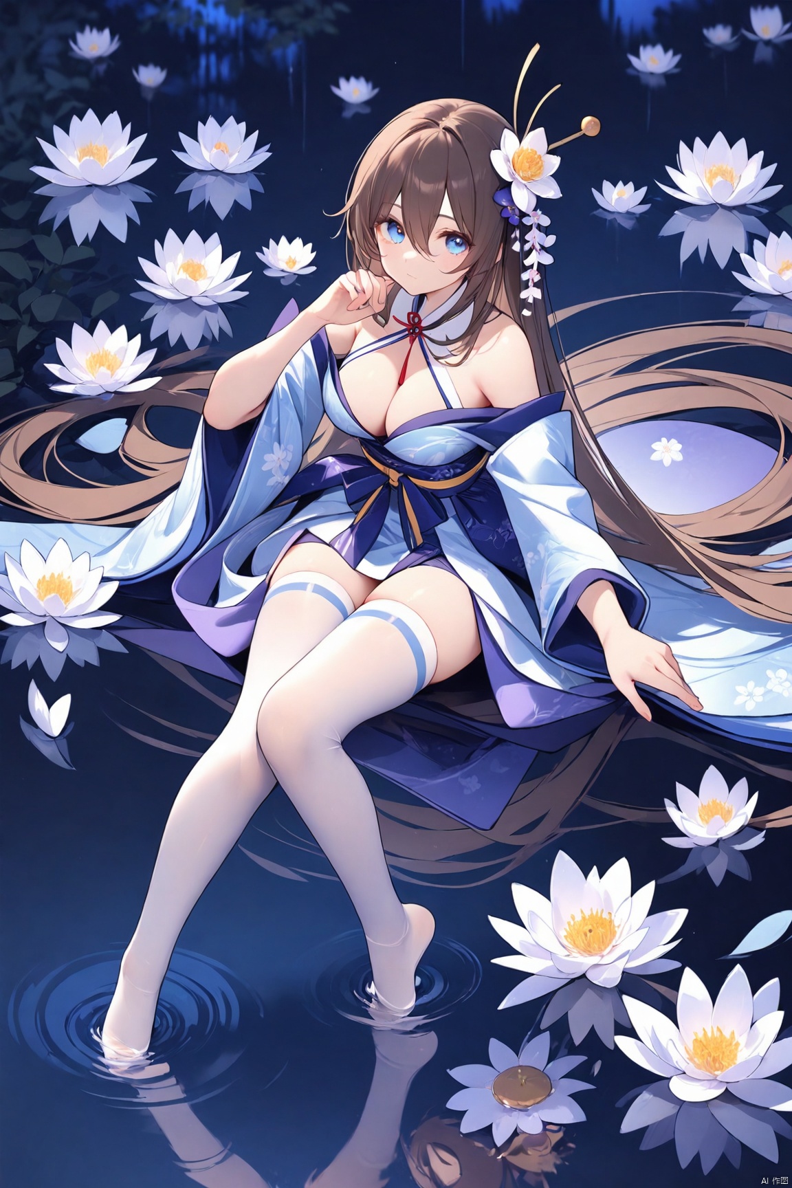1girl, solo, long hair, breasts, looking at viewer, bangs, blue eyes, brown hair, hair ornament, thighhighs, dress, cleavage, hair between eyes, bare shoulders, closed mouth, full body, flower, japanese clothes, water, white thighhighs, night, reflection