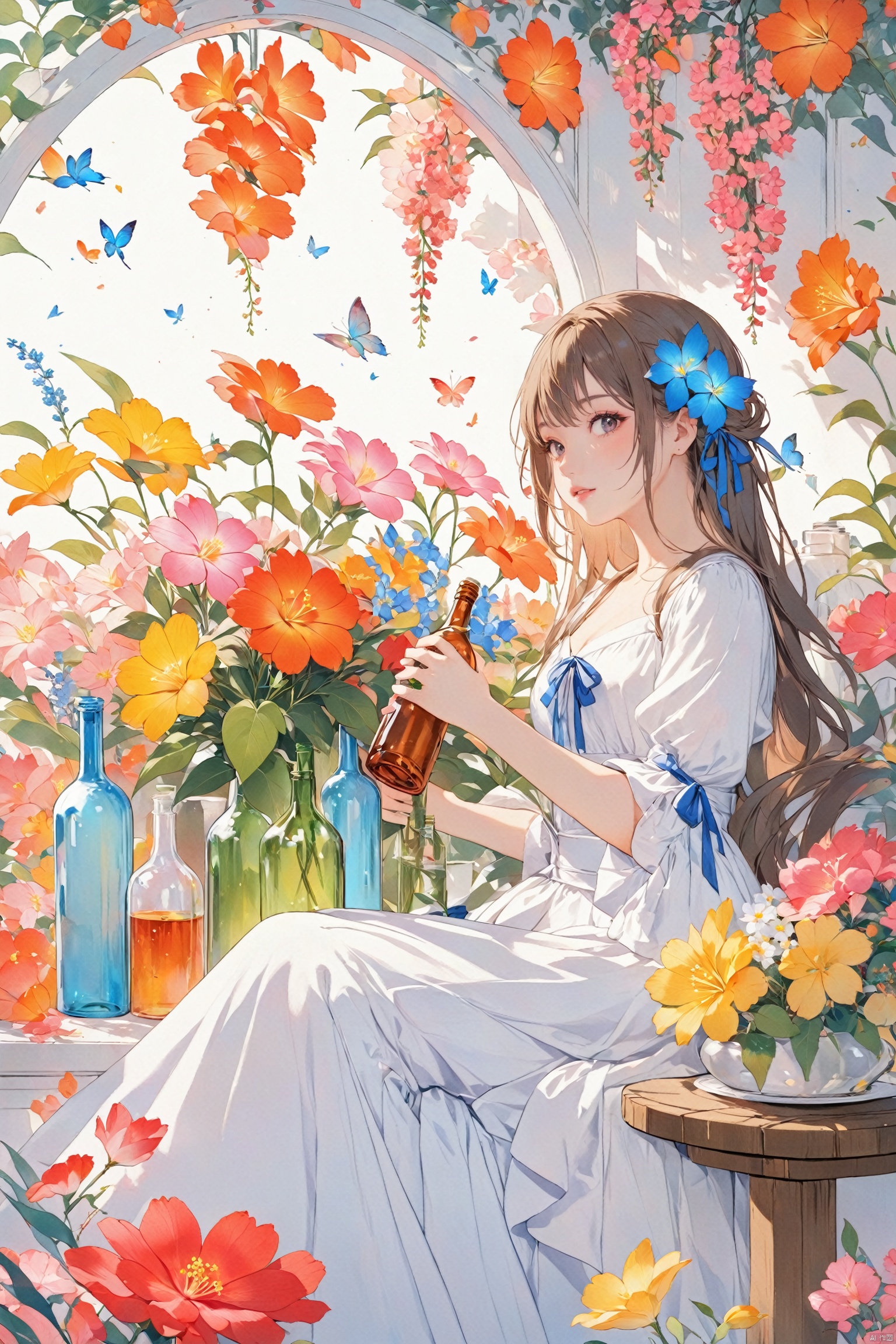  1girl,flower, bottle