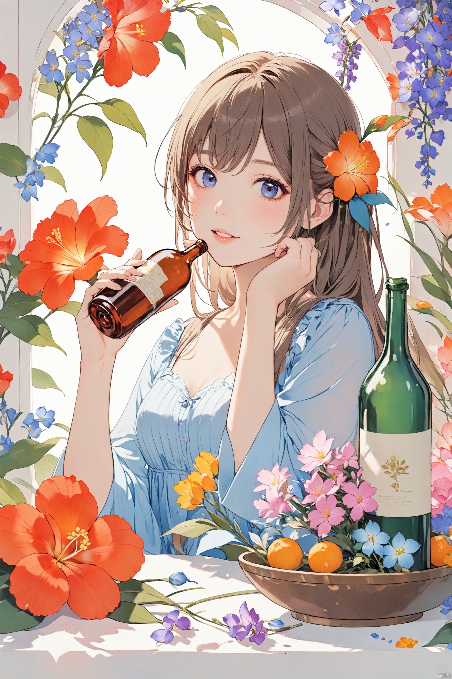  1girl,flower, bottle