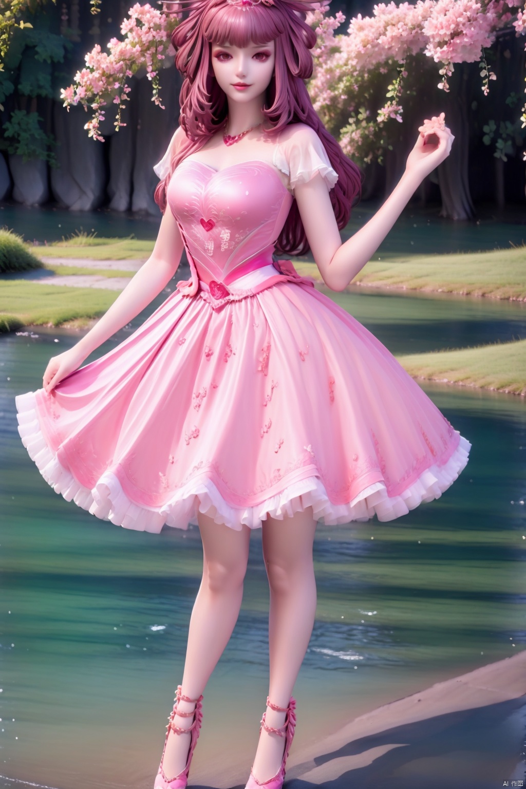 1girl, solo, long hair, breasts, looking at viewer, smile, bangs, brown hair, hair ornament, dress, bow, brown eyes, jewelry, medium breasts, standing, full body, flower, hair bow, outdoors, sky, day, cloud, hand up, hair flower, water, high heels, bracelet, tree, blue sky, petals, floral print, pink bow, cherry blossoms, pink dress, mountain, skirt hold