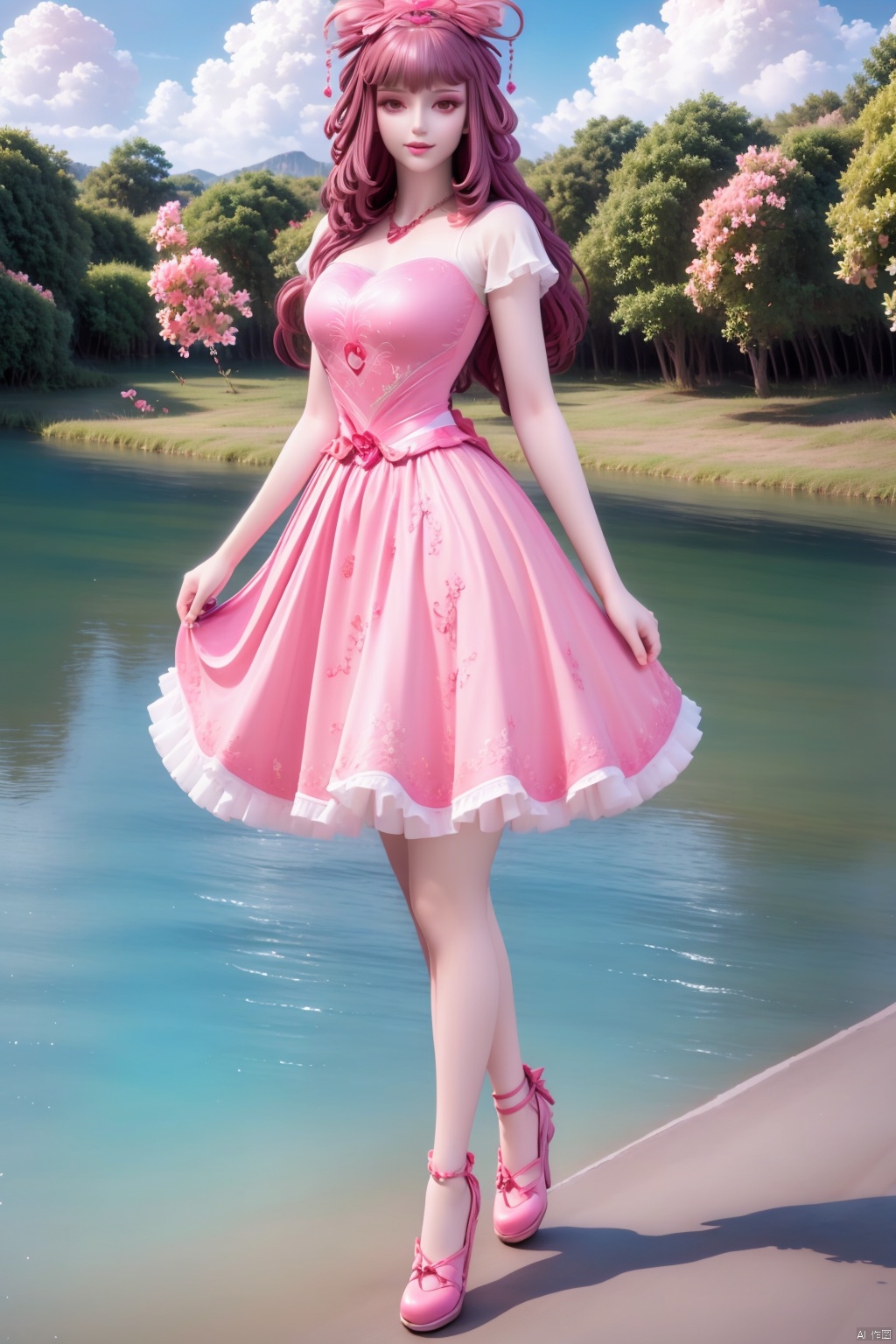 1girl, solo, long hair, breasts, looking at viewer, smile, bangs, brown hair, hair ornament, dress, bow, brown eyes, jewelry, medium breasts, standing, full body, flower, hair bow, outdoors, sky, day, cloud, hand up, hair flower, water, high heels, bracelet, tree, blue sky, petals, floral print, pink bow, cherry blossoms, pink dress, mountain, skirt hold