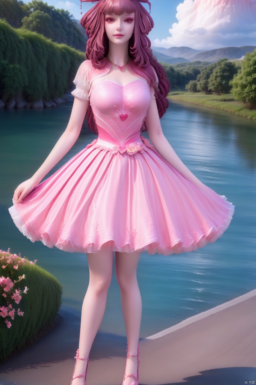 1girl, solo, long hair, breasts, looking at viewer, smile, bangs, brown hair, hair ornament, dress, bow, brown eyes, jewelry, medium breasts, standing, full body, flower, hair bow, outdoors, sky, day, cloud, hand up, hair flower, water, high heels, bracelet, tree, blue sky, petals, floral print, pink bow, cherry blossoms, pink dress, mountain, skirt hold