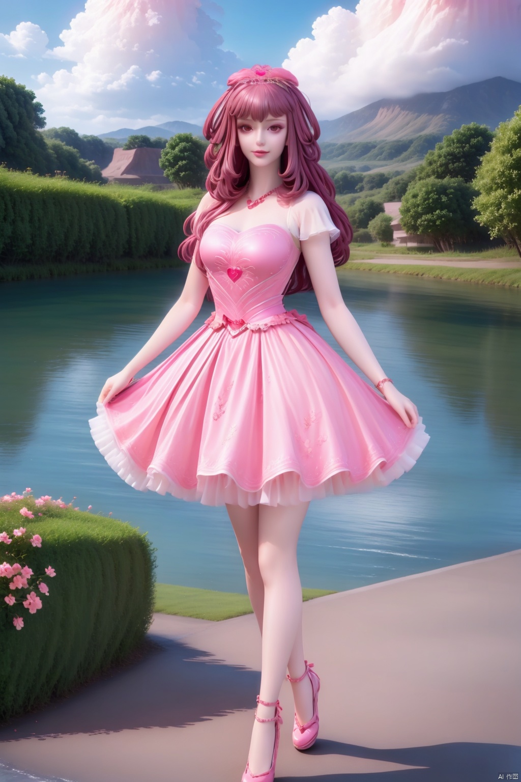 1girl, solo, long hair, breasts, looking at viewer, smile, bangs, brown hair, hair ornament, dress, bow, brown eyes, jewelry, medium breasts, standing, full body, flower, hair bow, outdoors, sky, day, cloud, hand up, hair flower, water, high heels, bracelet, tree, blue sky, petals, floral print, pink bow, cherry blossoms, pink dress, mountain, skirt hold