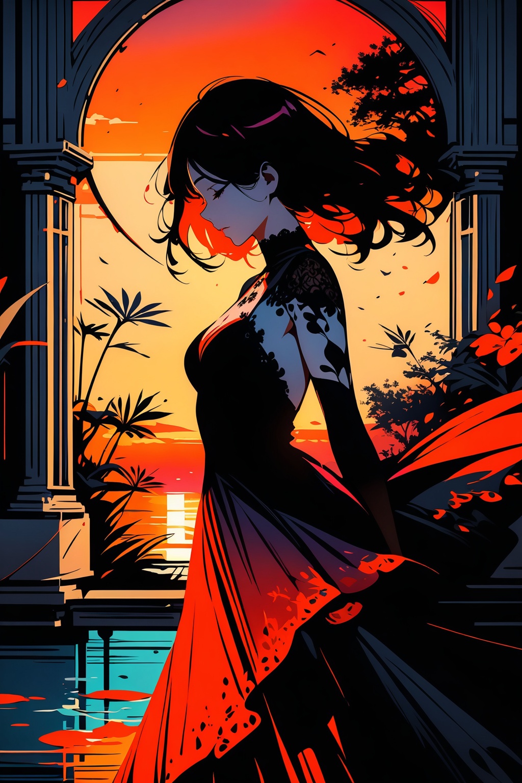 Very beautiful and elegant girl in sunset,  masterpiece,  ink art. on Tensor.Art