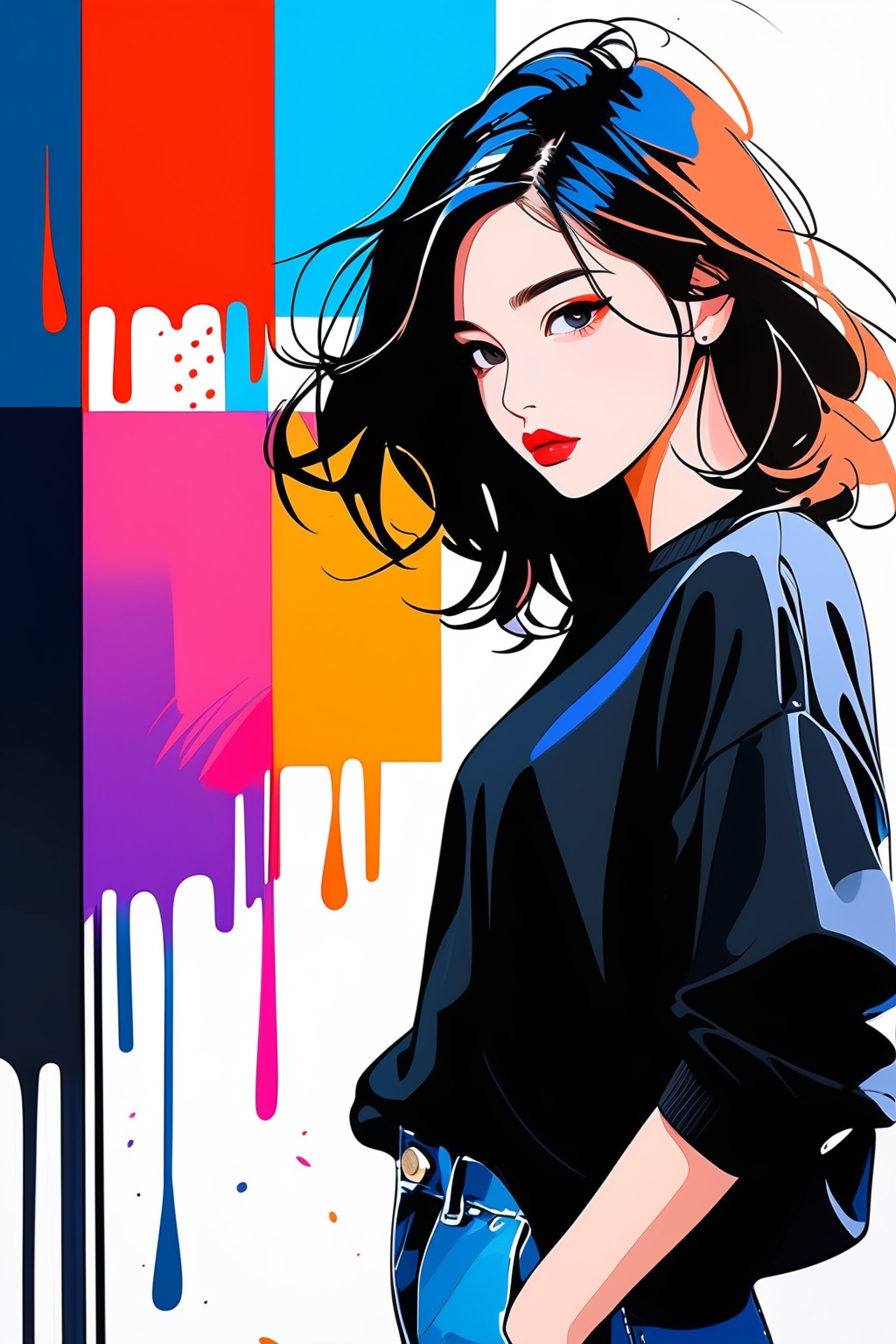 Very beautiful and charming girl,  casual clothes,  ink brushes in background on Tensor.Art