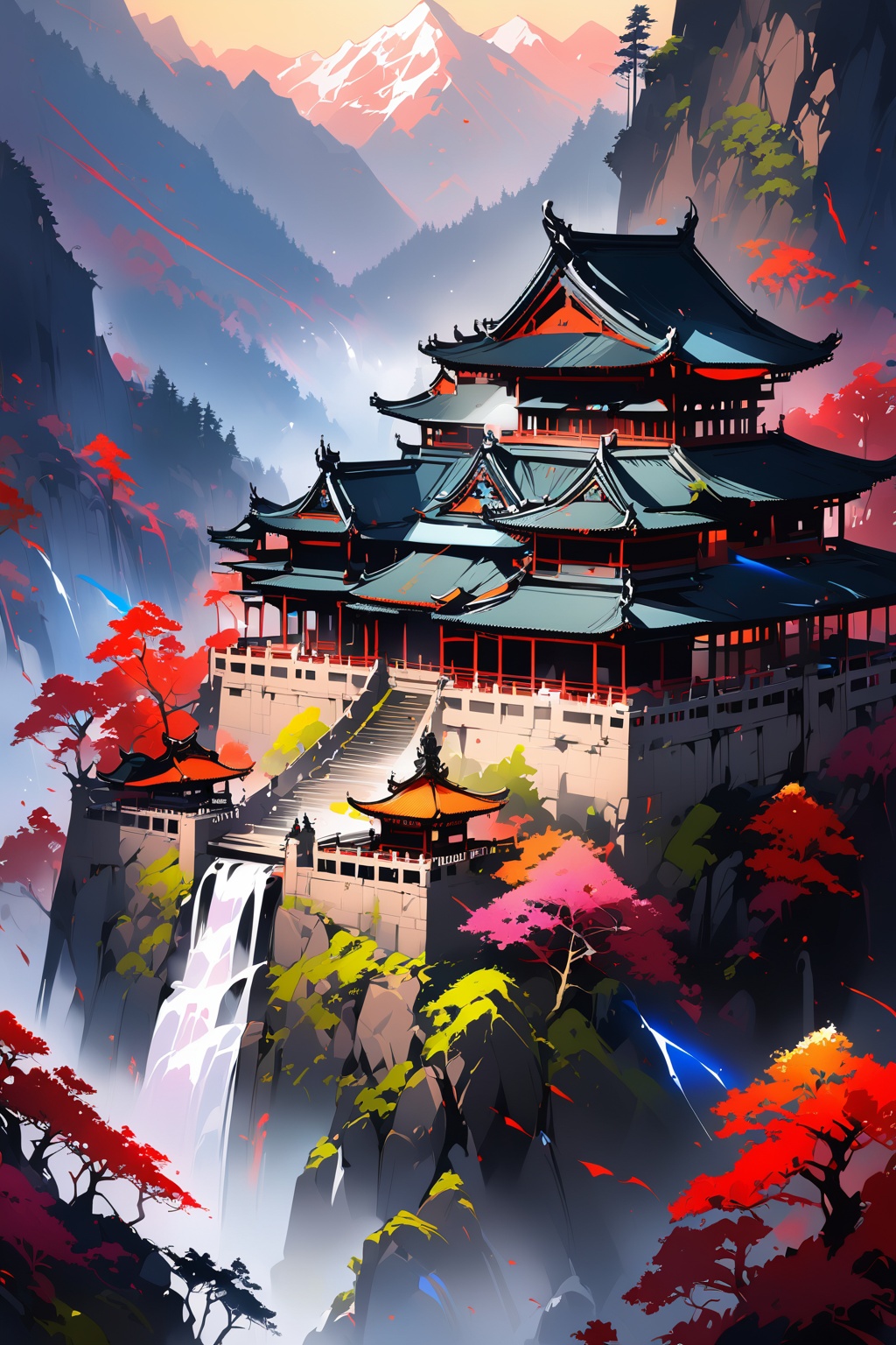 Image of great palace between majestic mountains,  masterpiece.,  Ink art on Tensor.Art