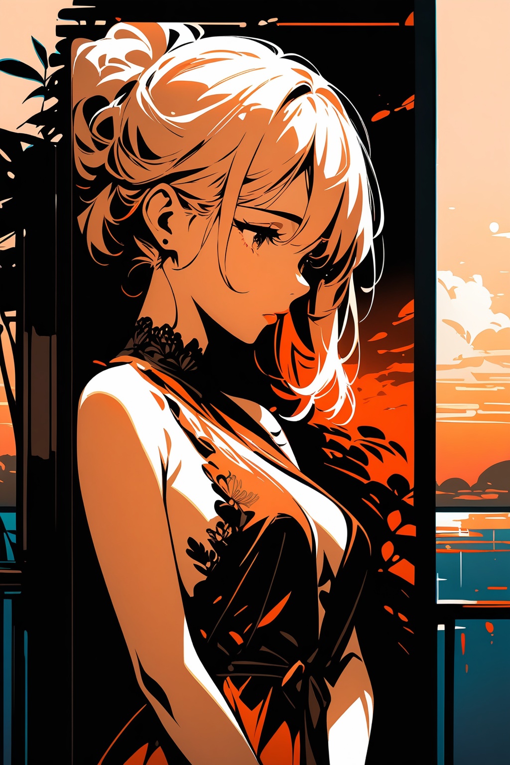 Very beautiful and elegant girl in sunset,  masterpiece,  monochrome on Tensor.Art