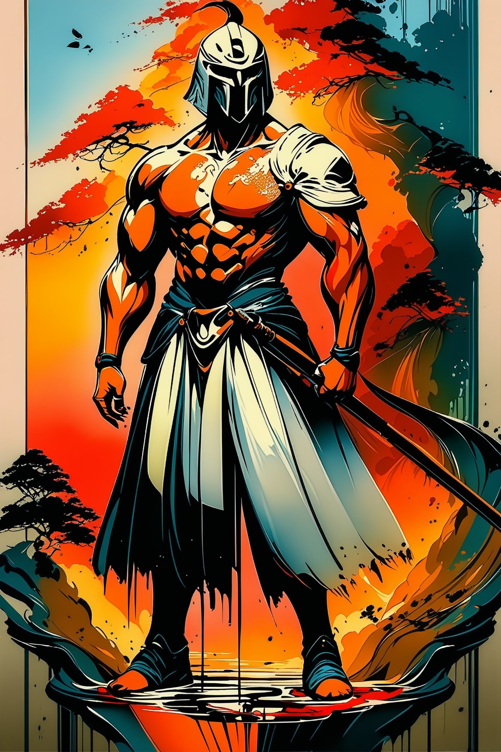 Very badass warrior in sunset,  ink artstyle,  INK on Tensor.Art