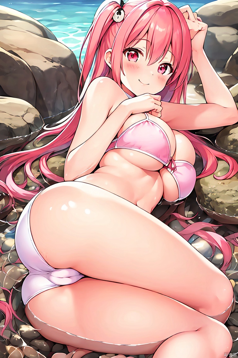 1girl, solo, long hair, breasts, looking at viewer, blush, smile, bangs, large breasts, hair ornament, red eyes, closed mouth, swimsuit, pink hair, ass, bikini, thighs, outdoors, lying, pink eyes, water, wet, feet out of frame, cameltoe, one side up, on side, partially submerged, rock