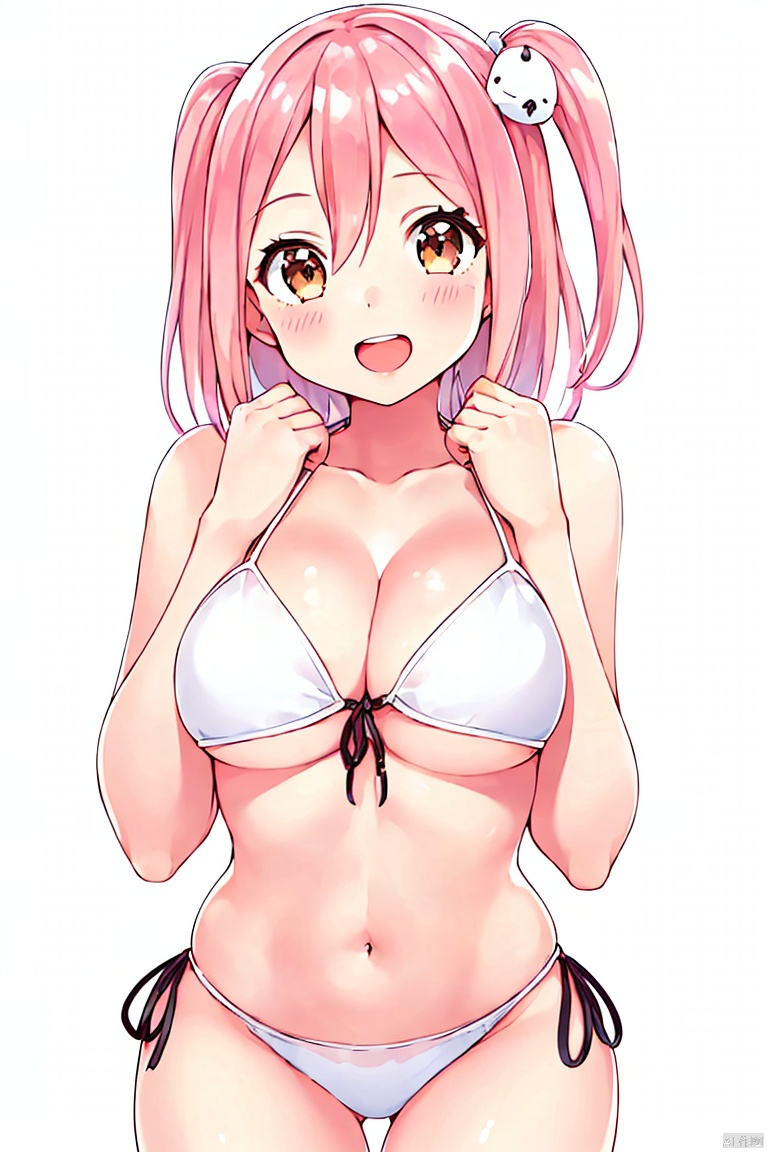 1girl, solo, long hair, breasts, looking at viewer, blush, smile, open mouth, large breasts, simple background, hair ornament, white background, navel, cleavage, brown eyes, swimsuit, pink hair, bikini, cowboy shot, side-tie bikini bottom, one side up, white bikini