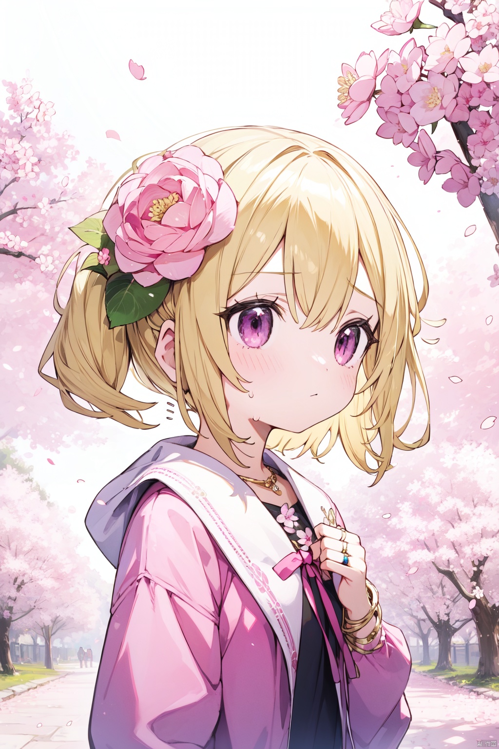 1girl, blonde_hair, cherry_blossoms, floral_background, flower, flying_sweatdrops, hydrangea, jewelry, lotus, minigirl, pink_flower, ring, solo,