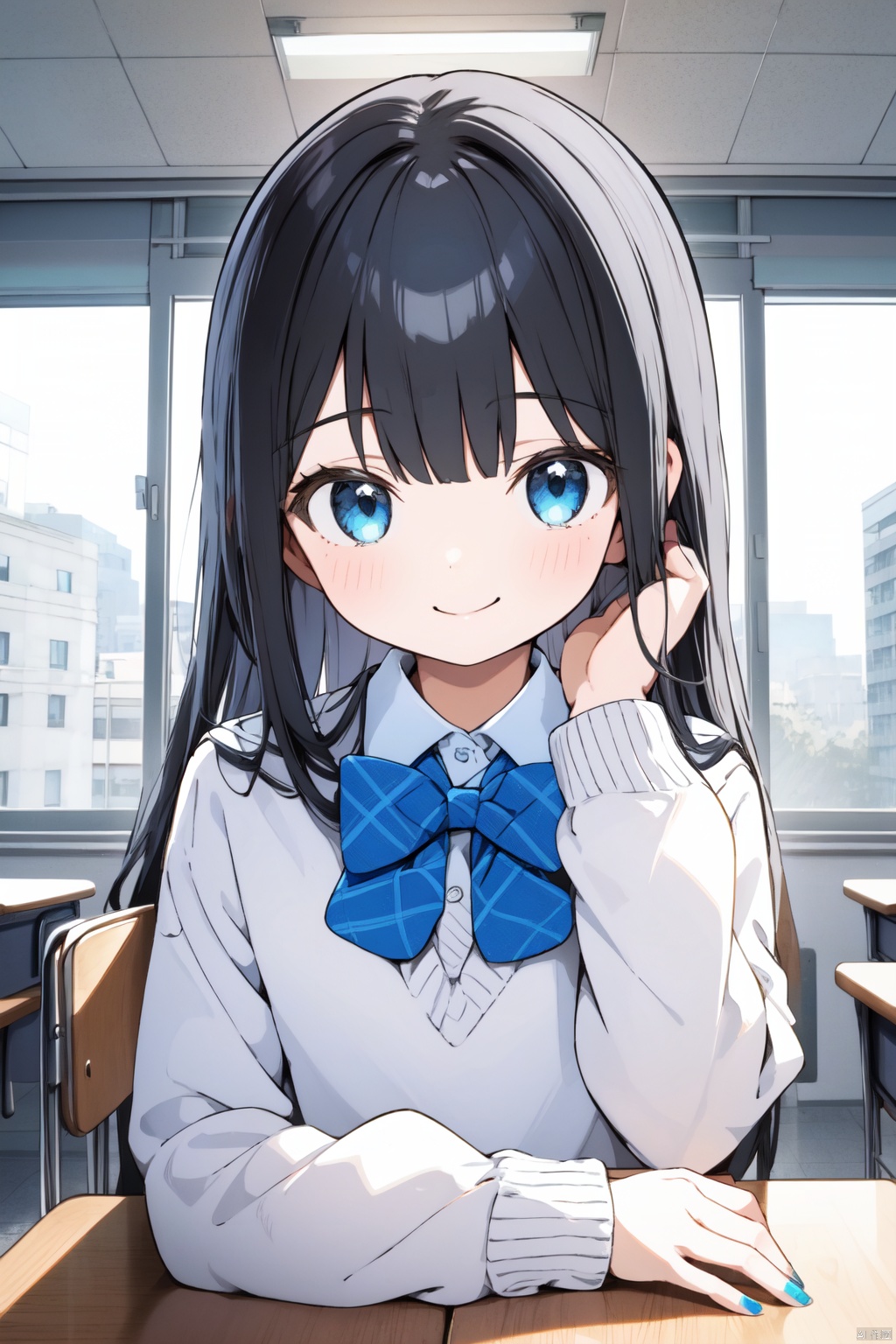petite,loli,1girl, solo, black_hair, sleeves_past_wrists, looking_at_viewer, bangs, nail_polish, bow, sweater, blue_eyes, long_sleeves, long_hair, upper_body, blue_bow, closed_mouth, blue_nails, desk, bowtie, school_uniform, blunt_bangs, indoors, shirt, blue_bowtie, smile, white_shirt, sitting, blush, school_desk, chair