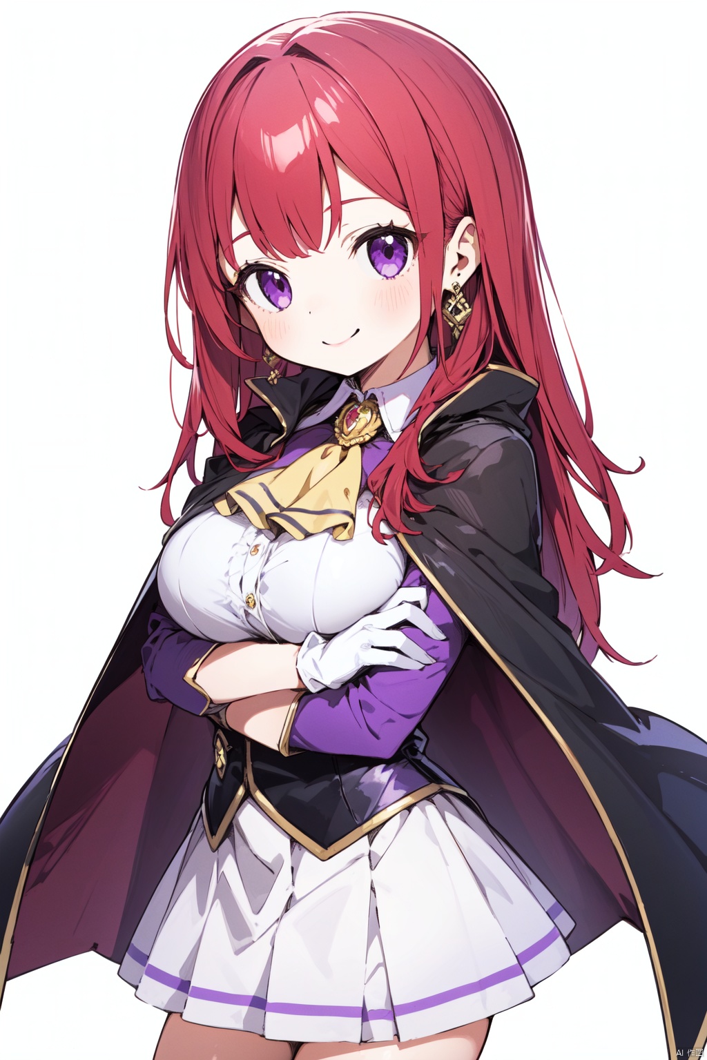 petite,loli,1girl, solo, long_hair, red_hair, jewelry, earrings, white_background, purple_eyes, breasts, smile, looking_at_viewer, simple_background, ascot, purple_gloves, white_skirt, makeup, crossed_arms, lipstick, large_breasts, cape, skirt, from_side
