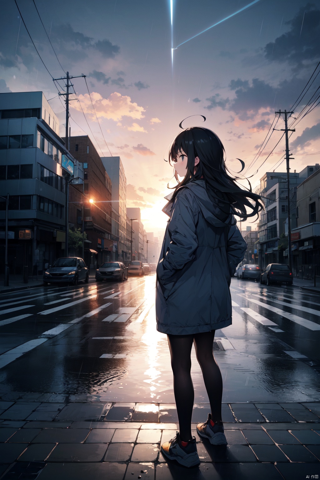 masterpiece,best quality,(ray tracing, cinematic lighting),ex-light,(central composition, Centered Composition and Symmetry:0.6),(back to camera:1.3),backlight,1girl,((solo)),black long hair,messy hair,jacket,pantyhose,rainy day,Cumulonimbus Cloud,(put hands in pockets),(outdoors, rain, sky, deserted streets, watered-down pavements, crossroad, fork in the road),tall buildings,bell towers,glass,reflections,streetlights,sunset,Tyndall Effect,
