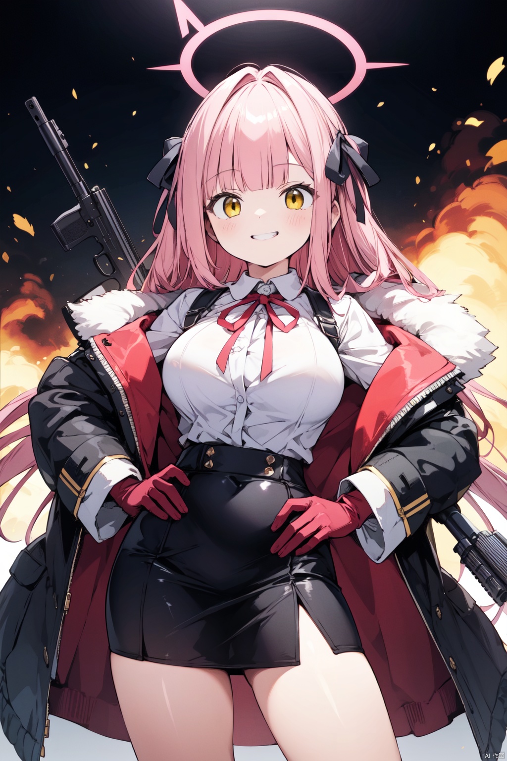  petite,loli,1girl, aru_\(blue_archive\), solo, weapon, gun, skirt, long_hair, shirt, pink_hair, gloves, white_shirt, explosion, smile, rifle, hand_on_hip, white_gloves, ribbon, fur_trim, looking_at_viewer, bangs, black_skirt, horns, neck_ribbon, holding, holding_weapon, red_ribbon, halo, long_sleeves, breasts, holding_gun, sniper_rifle, collared_shirt, fur-trimmed_jacket, yellow_eyes, coat, high-waist_skirt, blunt_bangs, jacket, side_slit, parted_lips, grin, large_breasts