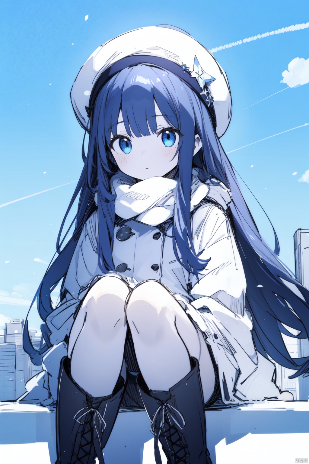 (sketch),solo,1girl,long hair,beret,knee boots,cotton boots,winter,upper body,looking_sky